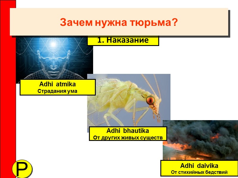 P Adhi daivika От стихийных бедствий 1. Наказание Adhi atmika Страдания ума Adhi bhautika